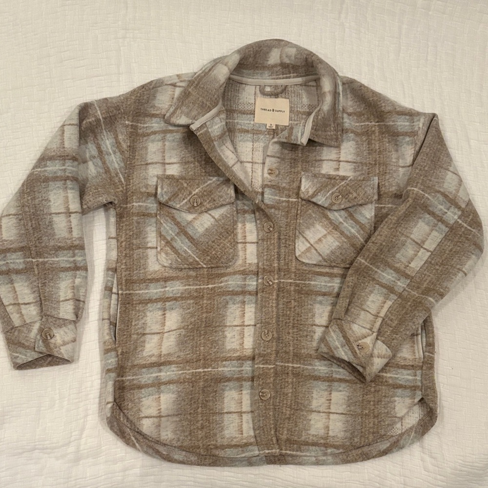 Thread & Supply Plaid Button-Up Hoodie - Brown and Gray